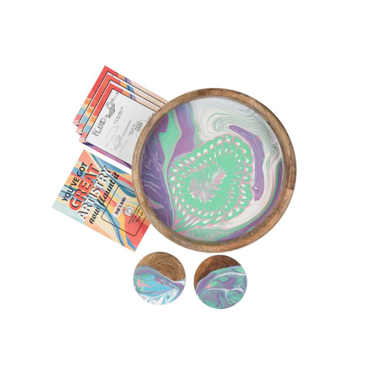 Picture of 12-Inch Circular Wood Tray & Coaster Pastel Fluid Art Kit set