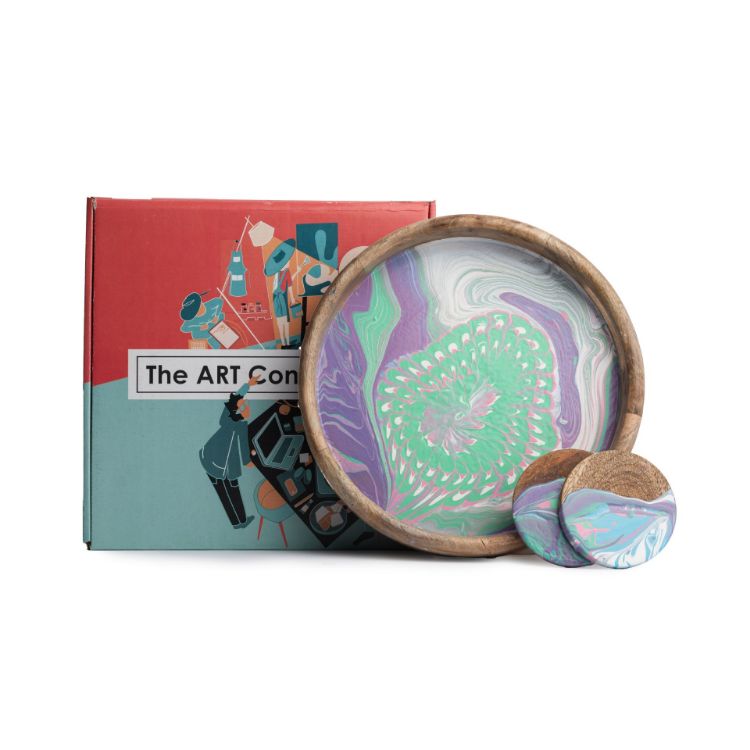 Picture of 12-Inch Circular Wood Tray & Coaster Pastel Fluid Art Kit set